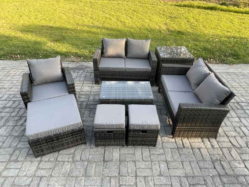 Fimous Rattan Garden Furniture Set 8 Seater Patio Outdoor Lounge Sofa Chair Set with Rectangular Coffee Table 3 Footstools Side Table Dark Grey Mixed