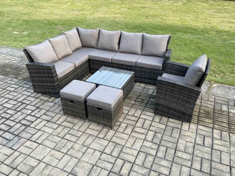 Fimous 9 Seater Outdoor Furniture Garden Dining Set Rattan Corner Sofa Set with Square Coffee Table 2 Small Footstools Dark Grey Mixed