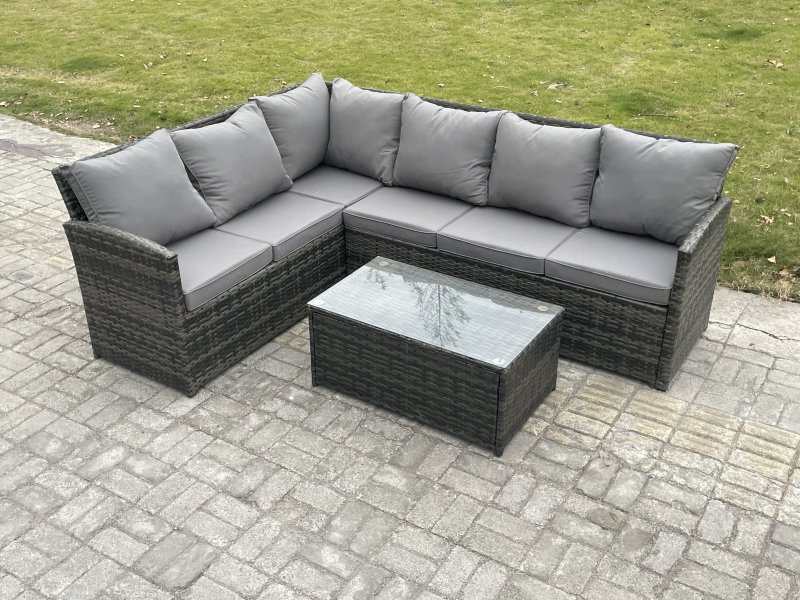Fimous Rattan Lounge Corner Sofa Set Wicker PE Outdoor Garden Furniture Set with Rectangular Coffee Table Dark Grey Mixed