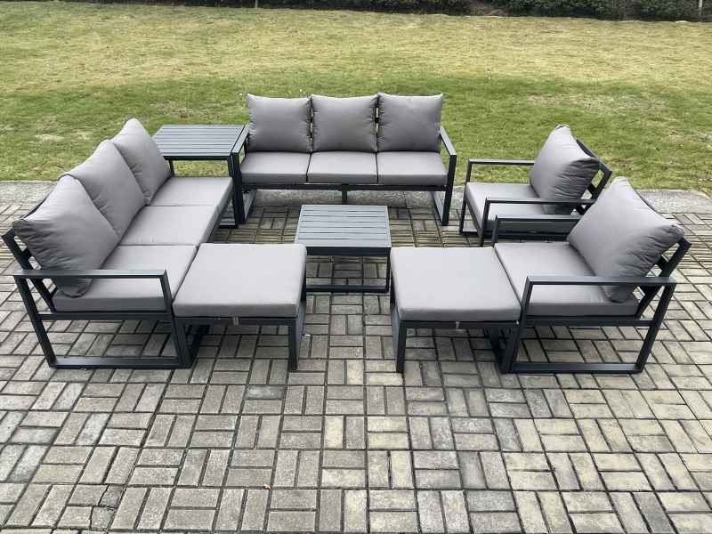 Fimous Aluminium Patio Outdoor Garden Furniture Lounge Sofa Set with Square Coffee Table 2 Chairs Side Table 2 Big Footstool Dark Grey