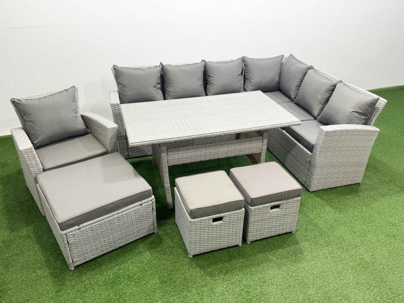 Fimous Rattan Garden Furniture Set Outdoor 10 Seater Patio Dining Corner Sofa Sets with Dining Table Chair 3 Footstools Light Grey Mixed