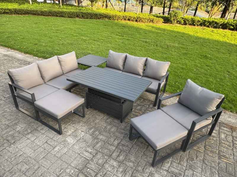 Fimous Garden Aluminium Furniture Set Dark Grey 9 Seater Outdoor Patio Adjustable Rising Lifting Dining Table with 2 Big Footstools Dark Grey