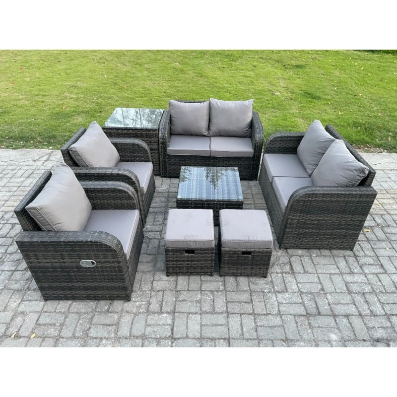 Fimous 8 Seater Rattan Sofa Set Outdoor Garden Furniture Set with Square Coffee Table Loveseat Sofa Reclining Chairs Side Table 2 Small Footstools Dark Grey Mixed