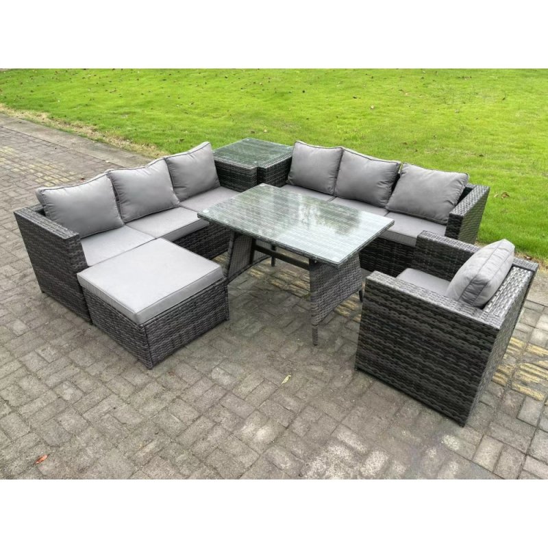 Fimous 8 Seater Wicker PE Rattan Garden Dining Set Outdoor Furniture Sofa with Patio Dining Table Armchair Big Footstool Side table Dark Grey Mixed