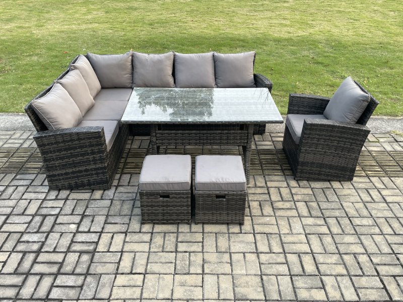 Fimous 9 Seater Garden Rattan Furniture Corner Dining Set with 2 Small Footstools Armchair Indoor Outdoor Lounge Sofa Set