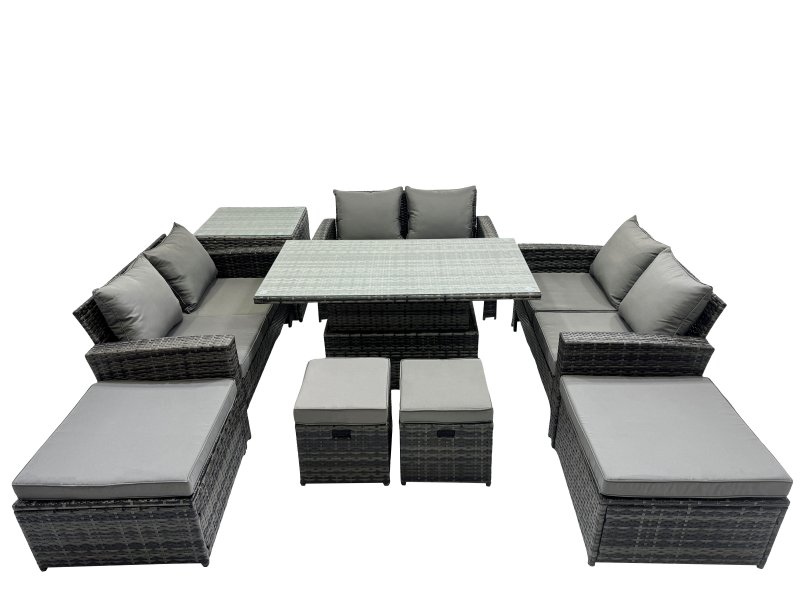 Fimous Outdoor Love Sofa Set 10 Seat Rattan Garden Furniture Set with Adjustable Lifting Dining or Coffee Table Side Table Dark Grey Mixed