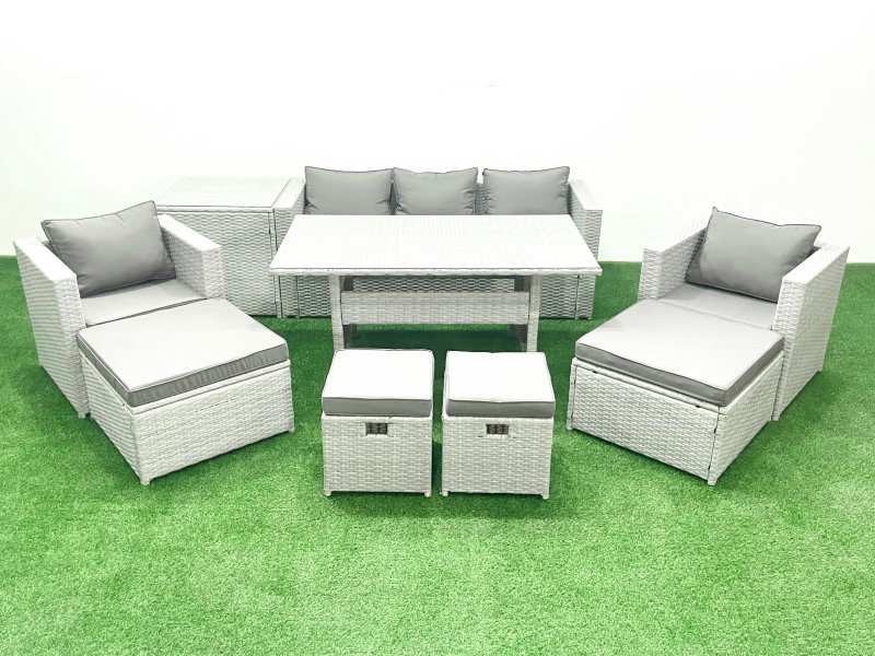 Fimous Rattan Garden Furniture Set Outdoor 9 Seater Patio Dining Sets with Glass Top Dining Table and Side Table Light Grey Mixed