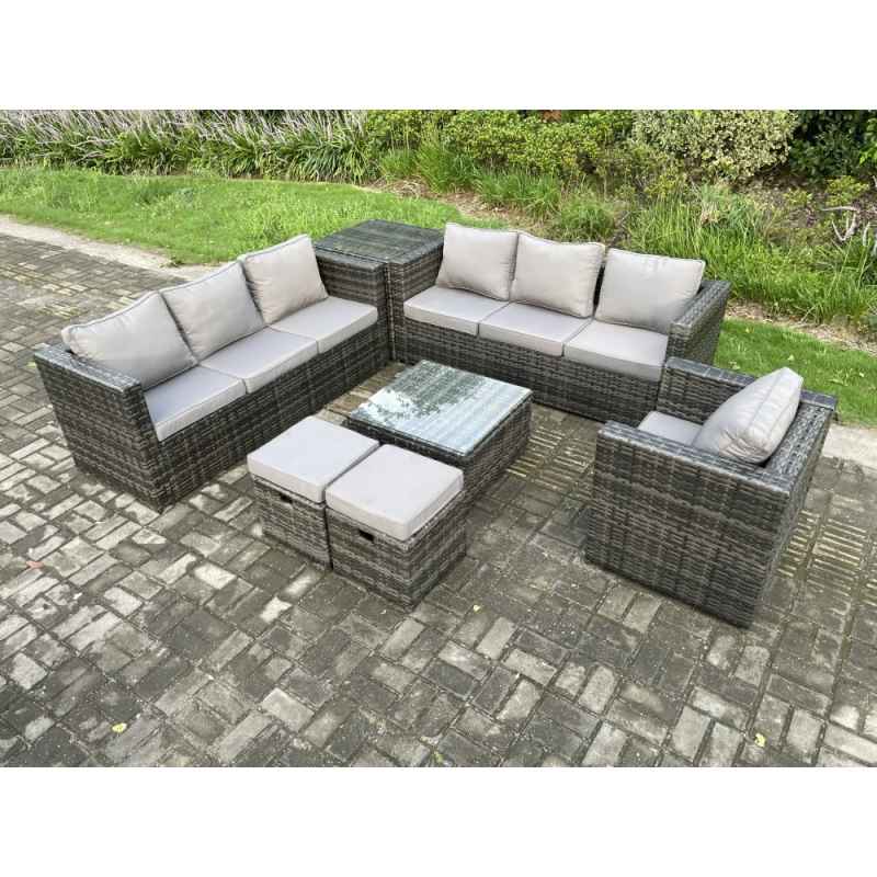 Fimous 9 Seater Rattan Garden Furniture Sofa Set with Armchair Side Table Square Coffee Table 2 Small Footstools Indoor Side Table Outdoor Rattan Set Dark Grey Mixed