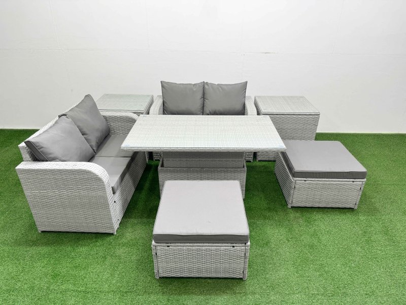 Fimous 6 Seater Outdoor Love Sofa Set Rattan Garden Furniture Set with Adjustable Lifting Dining or Coffee Table 2 Footstool 2 Side Tables Light Grey
