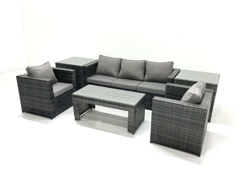 Fimous Rattan Garden Furniture Set Outdoor Lounger Sofa with Coffee Table 2 Armchair 2 Side Tables Dark Grey Mixed