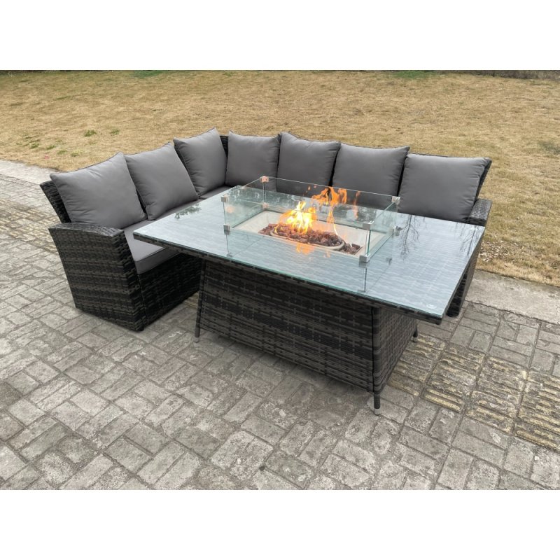 Fimous Outdoor Rattan Corner Sofa Garden Furniture High Back Sofa Set Gas Fire Pit Dining Table Gas Heater Burner 6 Seater