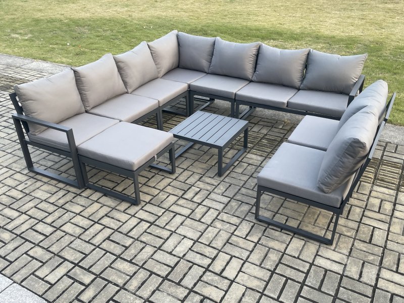 Fimous 10 Seater Patio Outdoor Garden Furniture Aluminium Lounge Corner Sofa Set with Square Coffee Table with Big Footstool Dark Grey
