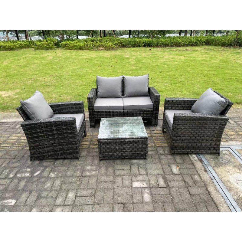 Fimous 4 Seater Dark Grey Mixed High Back Rattan Sofa Set Square Coffee Table Garden Furniture Outdoor Patio