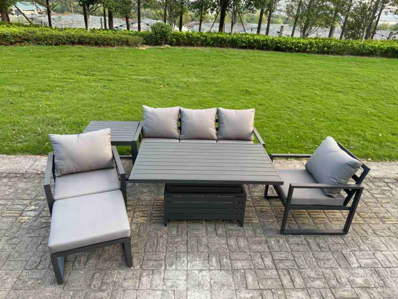 Fimous 5-Piece Aluminium Garden Furniture Sets 6 Seater Outdoor Sofa Set with Adjustable Rising Lifting Dining Table 2 Chairs Big Footstool