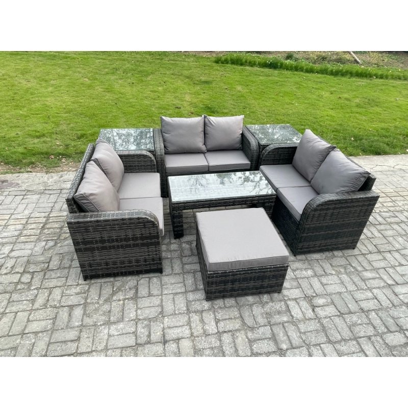 Fimous 7 Seater Rattan Garden Furniture Set Indoor Outdoor Patio Sofa Set with Coffee Table Love seat Sofa 2 Side Tables Big Footstool Dark Grey Mixed