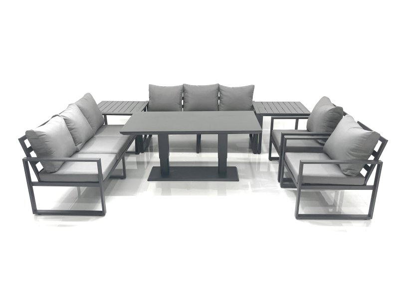 Fimous Garden Sofa Set Aluminium Furniture Rising Dining Tabe Set with 2 Chair 2 Side Tables Dark Grey