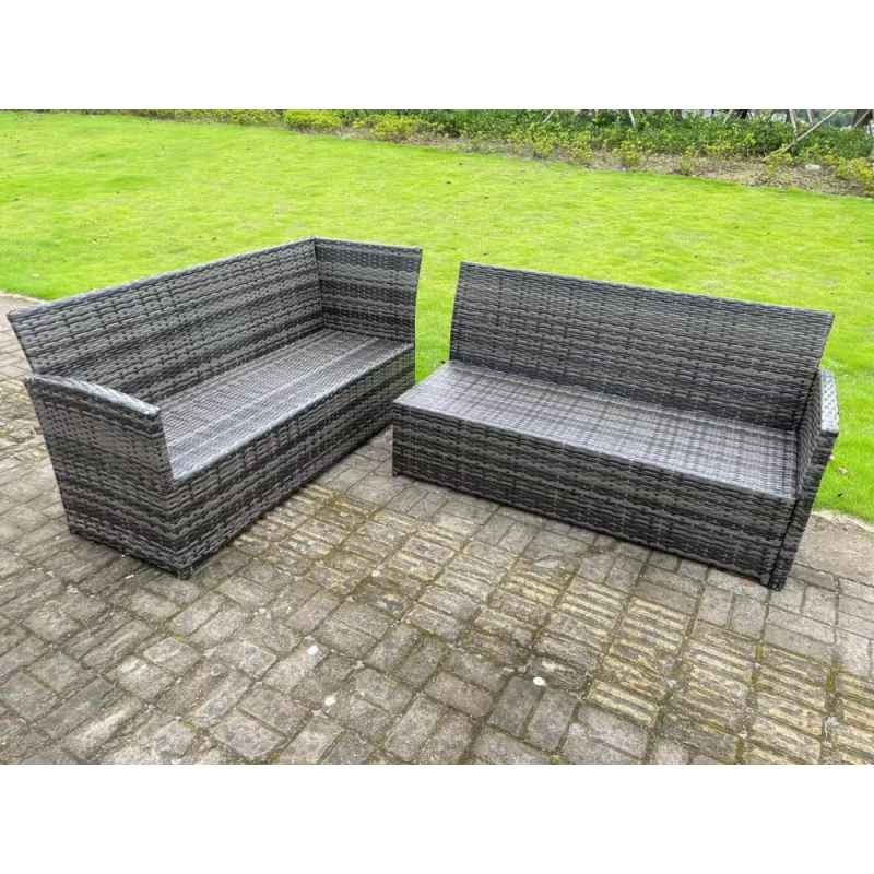 High Back Dark Mixed Grey Rattan Corner Sofa Set Outdoor Furniture Rectangular Dining Table 3 Small Footstools 9 Seater