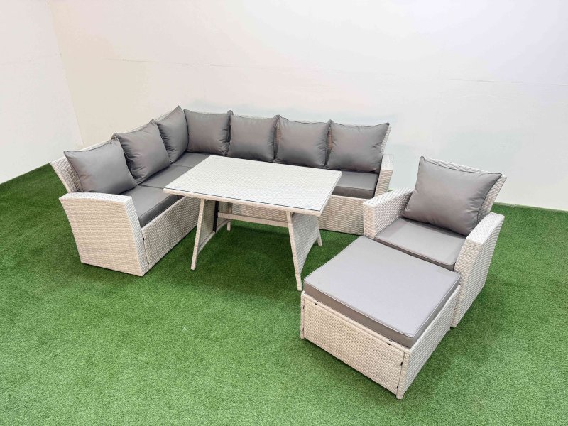 Fimous Garden Outdoor Rattan Furniture Set Rattan Corner Sofa Oblong Dining Table with Armchair Big Footstool Light Grey Mixed 8 Seater