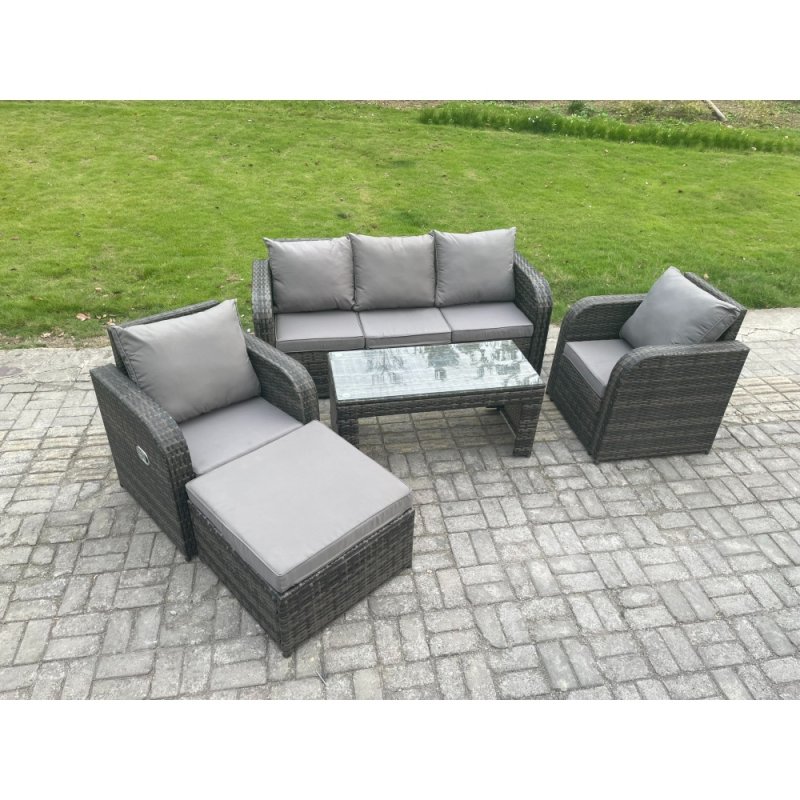Fimous Wicker PE Rattan Garden Furniture Set Outdoor Lounge Sofa Set with Reclining Chair Coffee Table Big Footstool Dark Grey Mixed