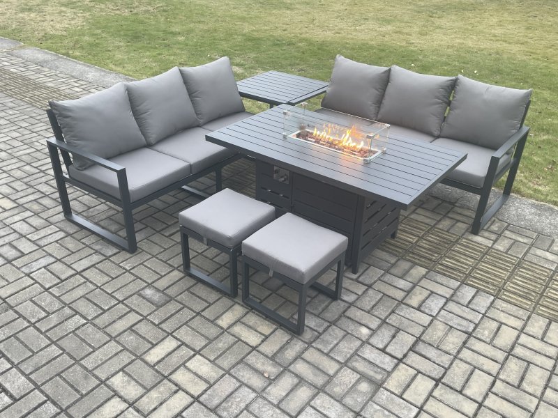 Fimous Aluminium 8 Seater Outdoor Garden Furniture Lounge Sofa Set Gas Fire Pit Dining Table with 2 Small Footstools Side Table Dark Grey