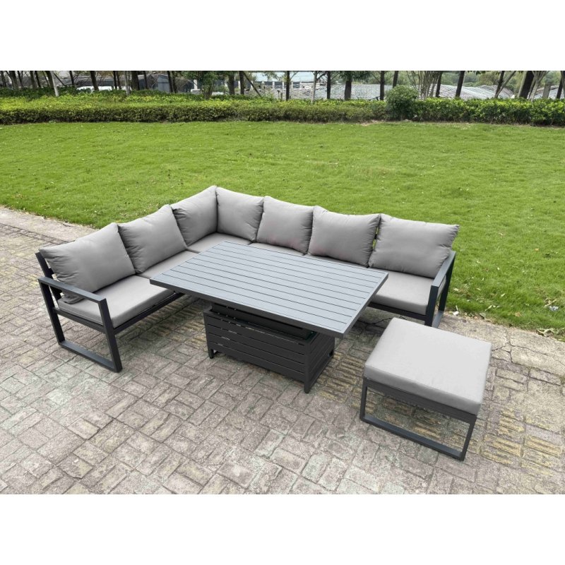 Fimous 10 Pieces Aluminium Garden Furniture Sets with Adjustable Rising Lifting Dining Table,Chair,2 Small Footstools 11 Seater Corner Sofa Set Dark Grey