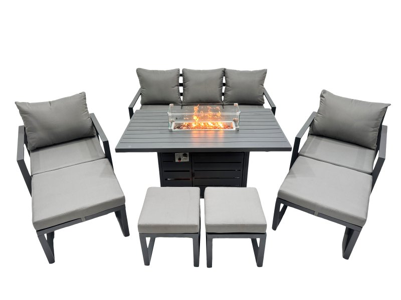 Fimous 9 Seat Outdoor Garden Furniture Set Aluminium Lounge 3 Seat Sofa Gas Fire Pit Table Sets with Chair 4 Stools Dark Grey