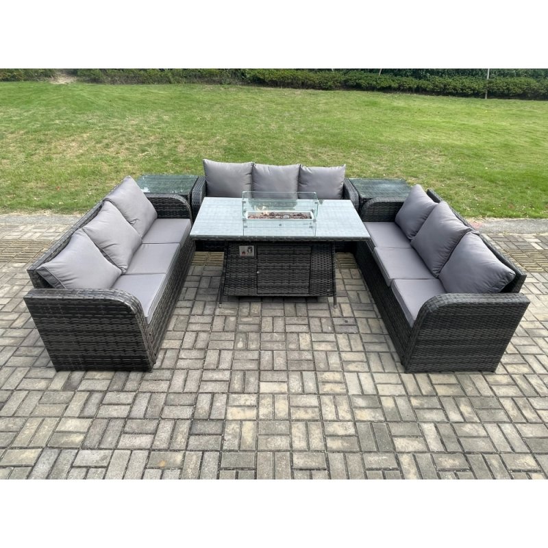 Fimous Rattan Furniture Garden Dining Set Gas Fire Pit Table With 2 Side Tables Lounge Sofa Dark Grey Mixed