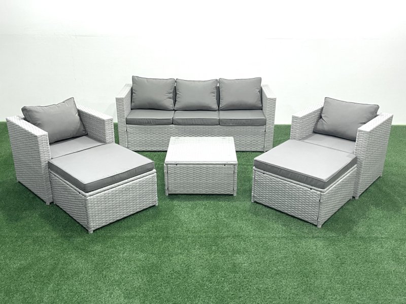 Fimous 7 Seater Rattan Garden Furniture Set with 3 Seater Sofa 2 Chair Square Coffee Table 2 Big Footstools Light Grey Mixed
