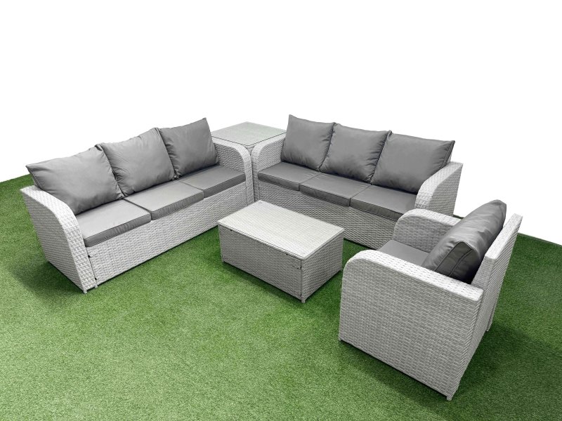 Fimous 7 Seater Poly Rattan Outdoor Garden Furniture Sofa Set Patio 3 Seater Sofa Reclining Chair 3 Seater Sofa Side Table Light Grey