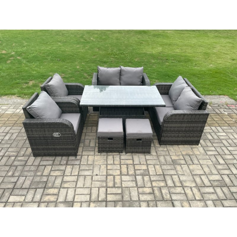 Fimous Wicker PE Rattan Furniture Garden Dining Set Outdoor Height Adjustable Rising lifting Table Love Sofa Chairs With Footstools