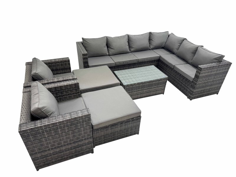 Fimous Patio Sofa Oblong Coffee Table Set Rattan Garden Furniture Set with 2 Chairs 2 Big Stools Dark Grey Mixed