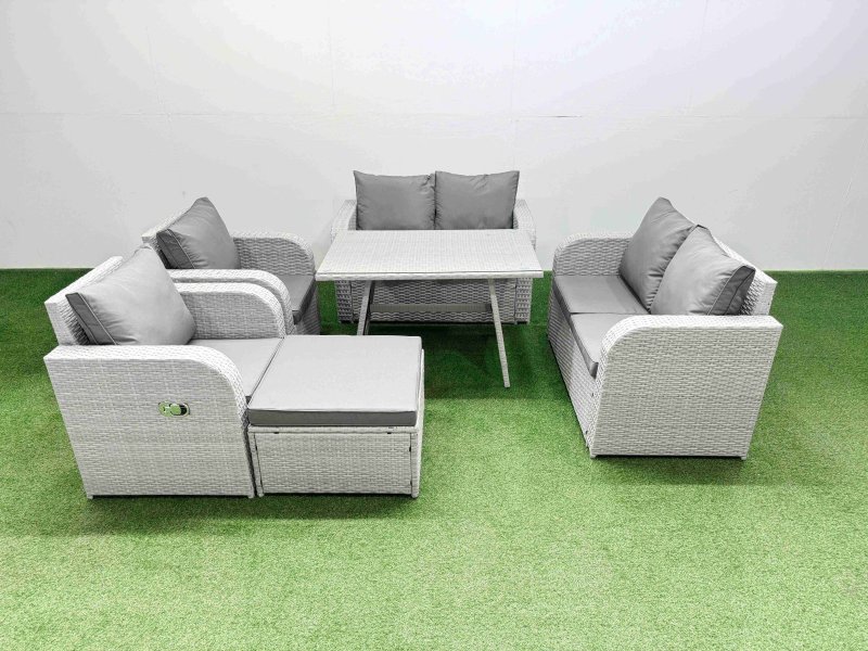 Fimous 7 Seater Rattan Garden Furniture Set Outdoor Love Sofa Set with Rectangular Dining Table Big Footstool Light Grey
