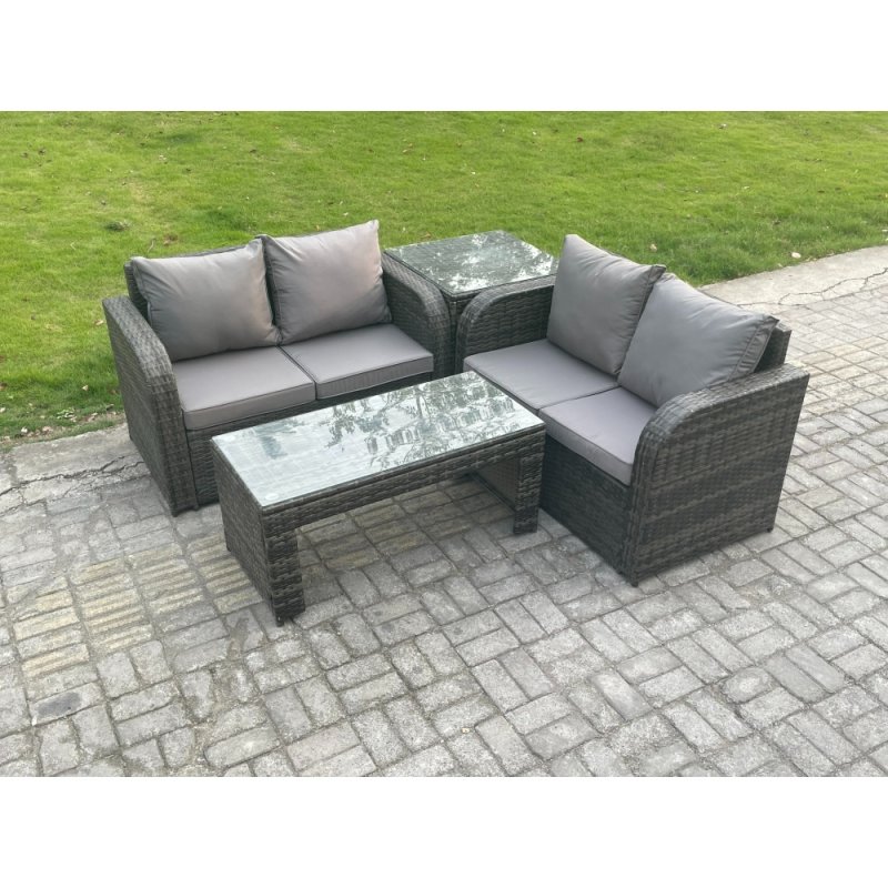 Fimous High Back Rattan Garden Furniture Set with Loveseat Sofa Rectangular Coffee Table Indoor Outdoor Patio Lounge Sofa Set Dark Grey Mixed
