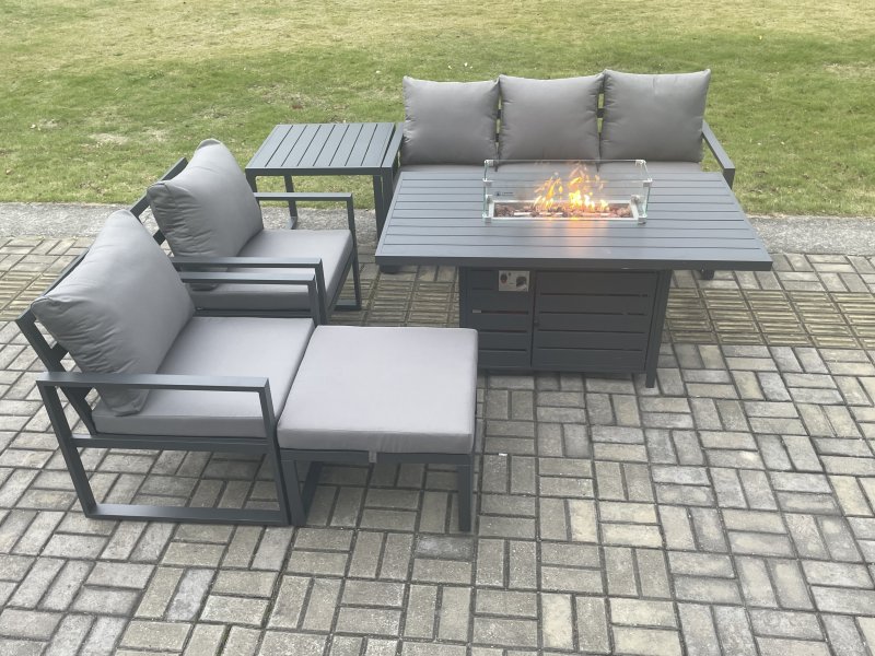 Fimous Aluminium Outdoor Garden Furniture Set Gas Fire Pit Dining Table Set Gas Heater Burner with 2 Arm Chair Side Table Big Footstool Dark Grey 6 Seater