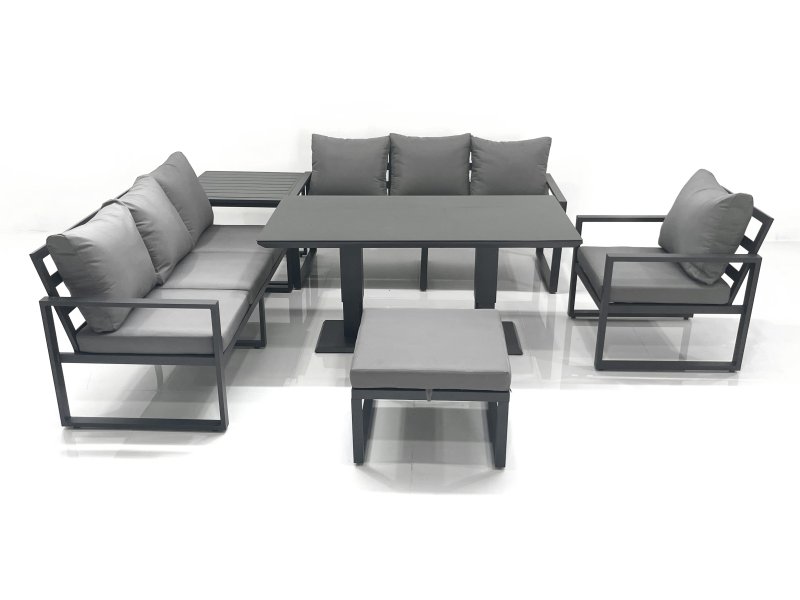 Fimous Outdoor Garden Furniture Set Aluminium Lounge Sofa Adjustable Rising Lifting Dining Table Sets with Big Footstool Side Table Dark Grey