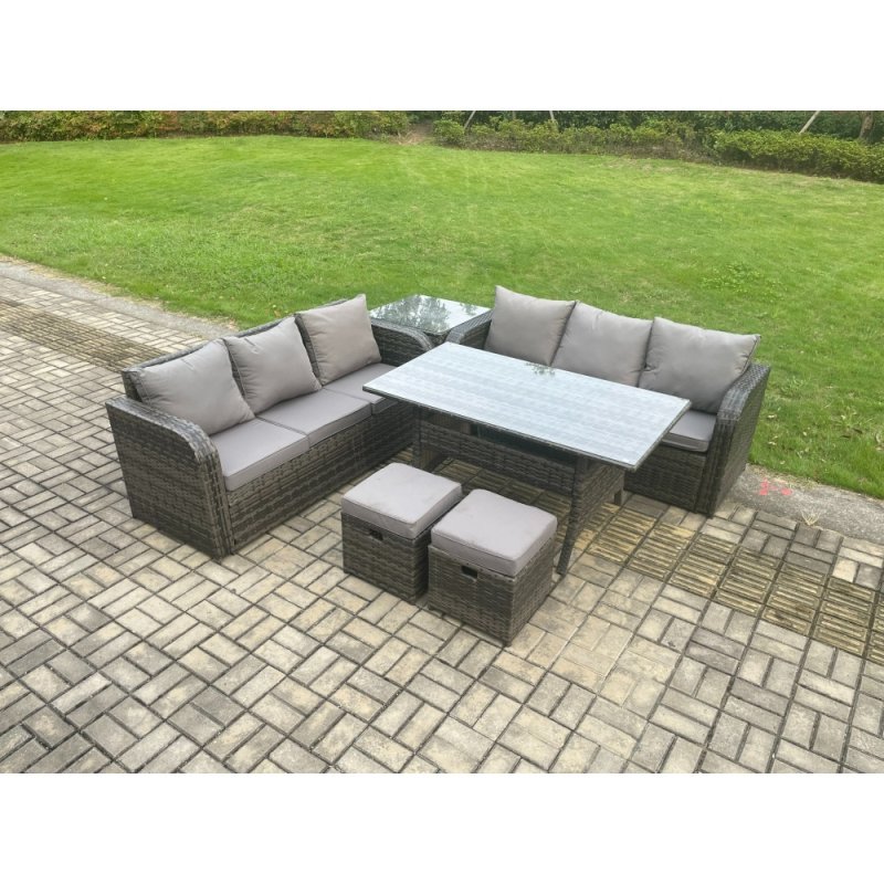 Fimous Rattan Garden Furniture Set with Oblong Rectangular Dining Table 2 Small Footstools Side Table 6 Pieces Outdoor Lounge Sofa Set Dark Grey Mixed
