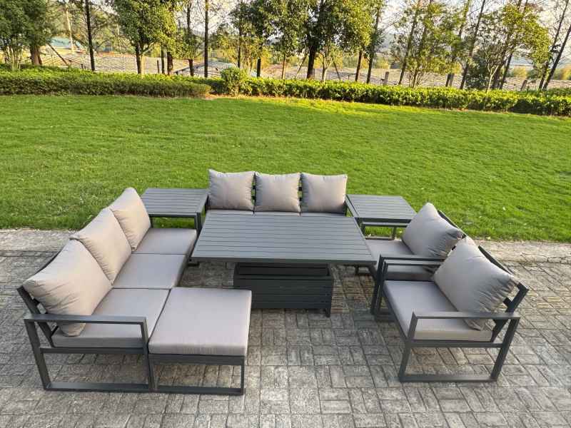Fimous Garden Aluminium Furniture Set Dark Grey 9 Seater Outdoor Patio Adjustable Rising Lifting Dining Table with 2 Chairs Side Table Big Footstool Dark Grey
