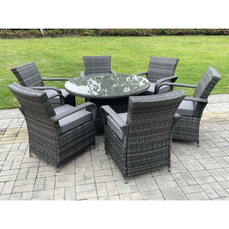 Fimous Outdoor Rattan Garden Furniture Dining Set Table And Chair Set Wicker Patio 6 Chairs Plus Round Clear Tempered Glass Table