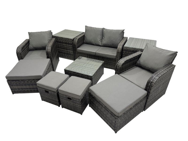 Fimous Rattan Garden Outdoor Furniture Set Love Sofa Square Coffee Table Set with 4 Stools 2 Side Table Dark Grey Mixed