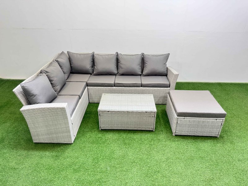 Fimous 7 Seater Garden Outdoor PE Rattan Furniture Set Rattan Garden Sofa Set with Oblong Coffee Table Light Grey Mixed