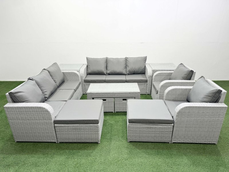 Fimous PE Wicker Rattan Furniture Sofa Sets with Oblong Coffee Table 3 Seater Sofa 4 Stools 2 Side Tables Light Grey