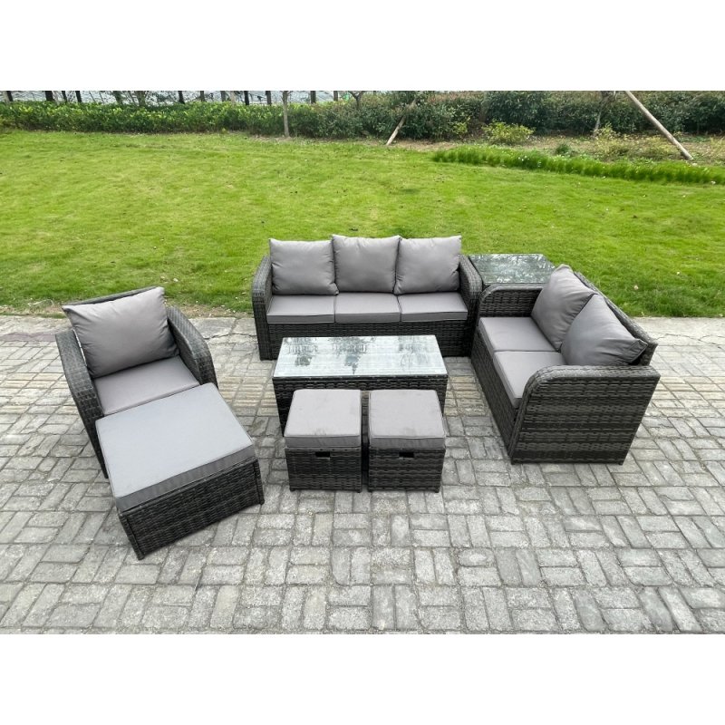 Fimous 9 Seater High Back Rattan Garden Furniture Set with Loveseat Sofa Rectangular Coffee Table Side Table 3 Footstools Indoor Outdoor Patio Lounge Sofa Set Dark Grey Mixed