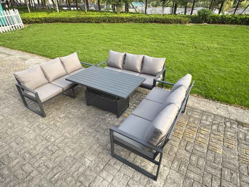 Fimous 8 Piece Garden Furniture Set 9-Seater Aluminium Outdoor Dining Set with Adjustable Rising Lifting Dining Table & Cushions 2 Side Tables 3 Chairs Dark Grey