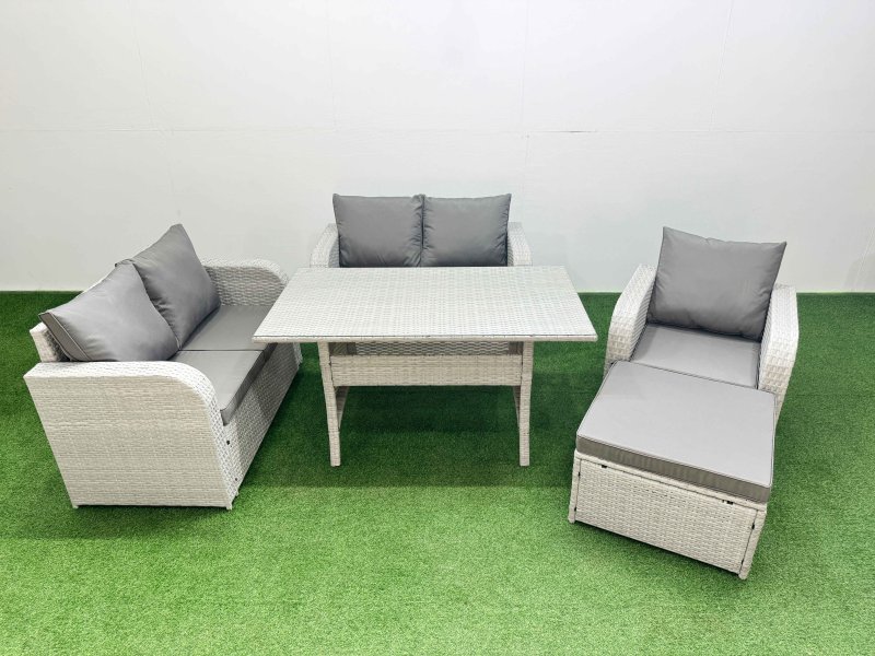 Fimous High Back Poly Rattan Garden Furniture Set with Reclining Chair Loveseat Sofa Rectangular Dining Table Indoor Outdoor Patio Set Big Stool Light Grey