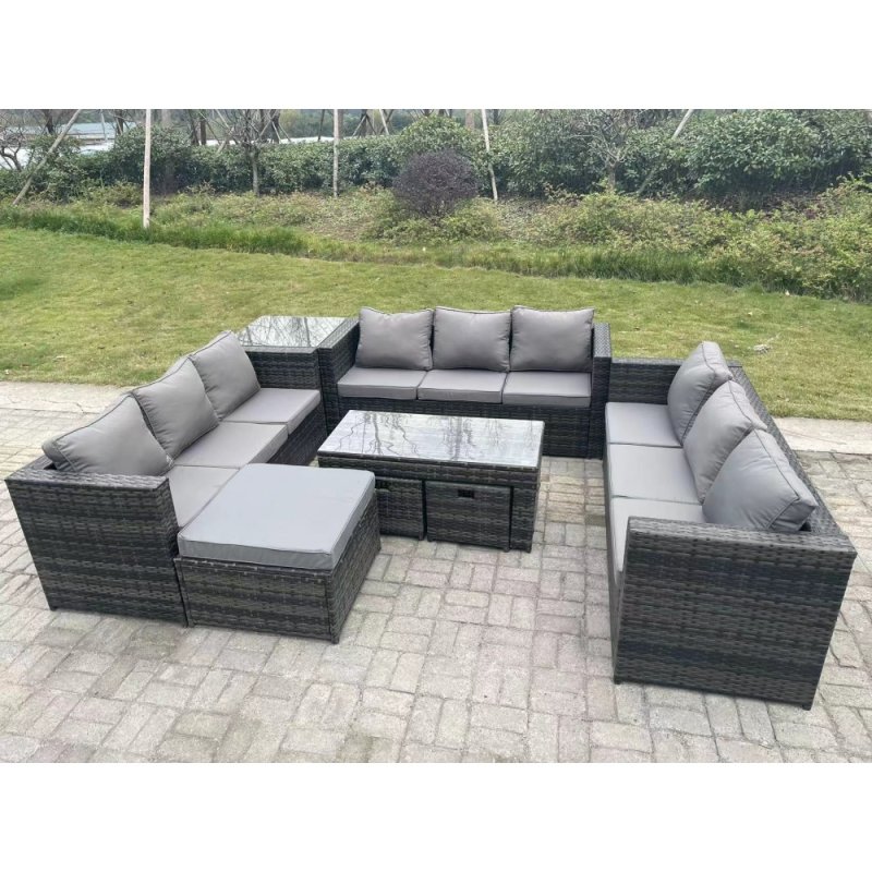 Fimous Outdoor Rattan Garden Furniture Lounge Sofa Set With Oblong Rectagular Coffee Table Big Footstool and 2 Small Stools Side Table