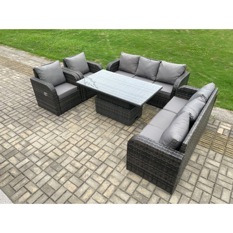 Fimous 8 Seater PE Rattan Outdoor Garden Furniture Sets Height Adjustable Rising lifting DiningTable Sofa Set with Reclining Chair Dark Grey Mixed