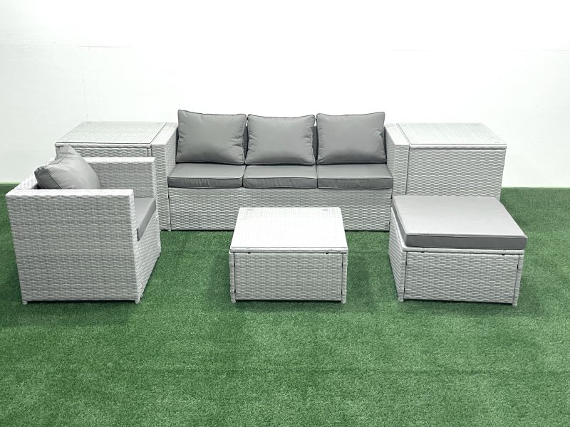 Fimous Garden Outdoor Furniture Set 5 Seater Rattan Sofa Set with Big Footstool Armchair 2 Side Tables Light Grey Mixed