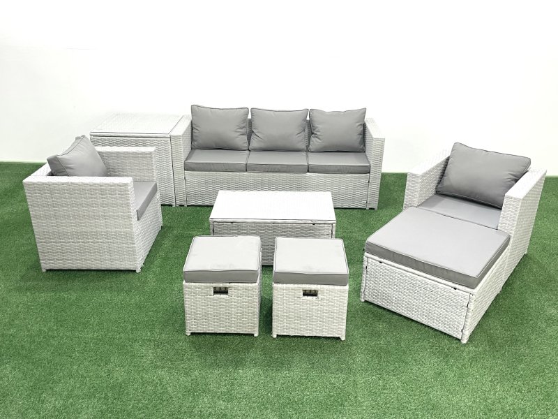 Fimous Rattan Garden Outdoor Furniture Sofa Set with Rectangular Coffee Table 2 Chairs 3 Footstools Side Table Light Grey Mixed