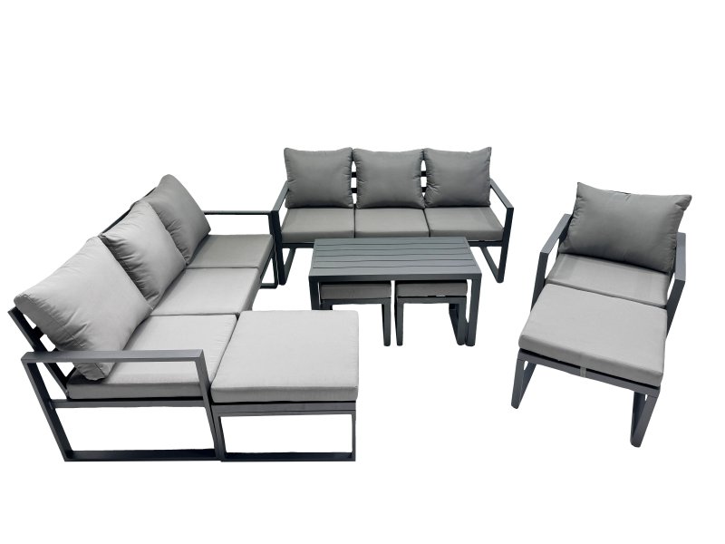Fimous Outdoor Garden Furniture Set Aluminium Lounge 3 Seat Sofa Oblong Coffee Table Sets with Chair 4 Stools Dark Grey