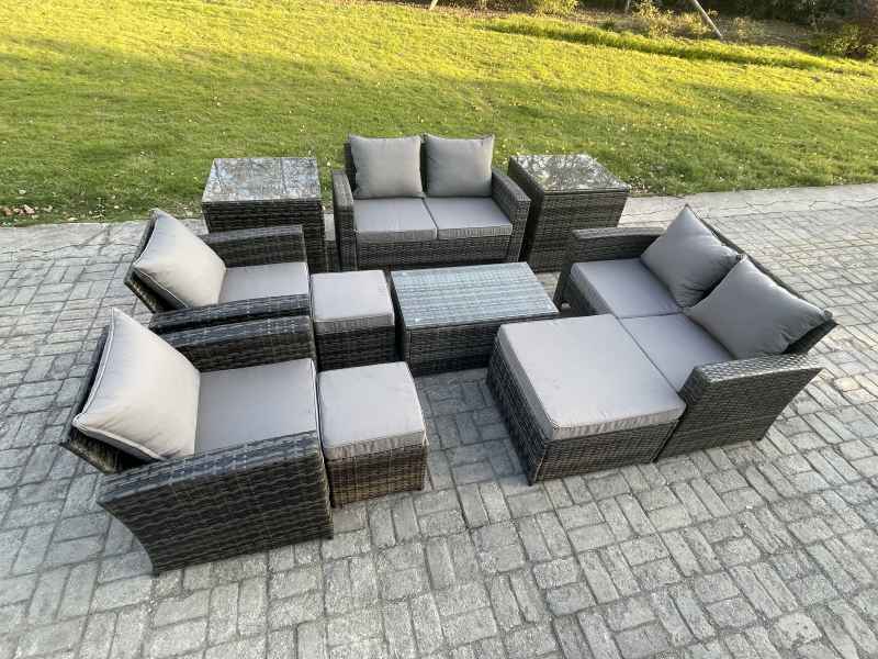 Fimous Garden Furniture Sets 10 Pieces Outdoor Rattan Furniture Manual Wicker Patio Sofa Chair Set with Coffee Table 3 Footstools 2 Side Tables Dark Grey Mixed